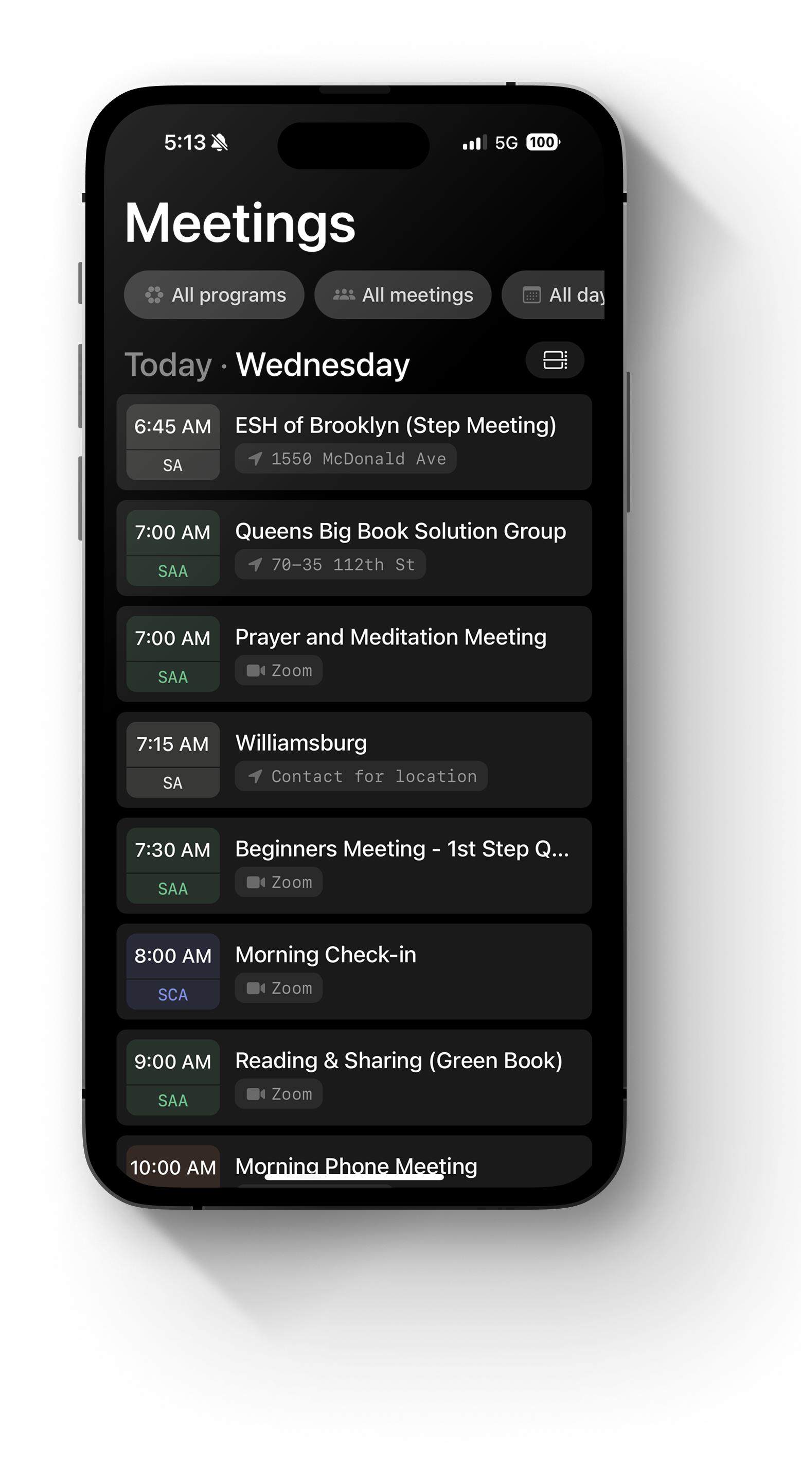 Twelve app showing a list of meetings